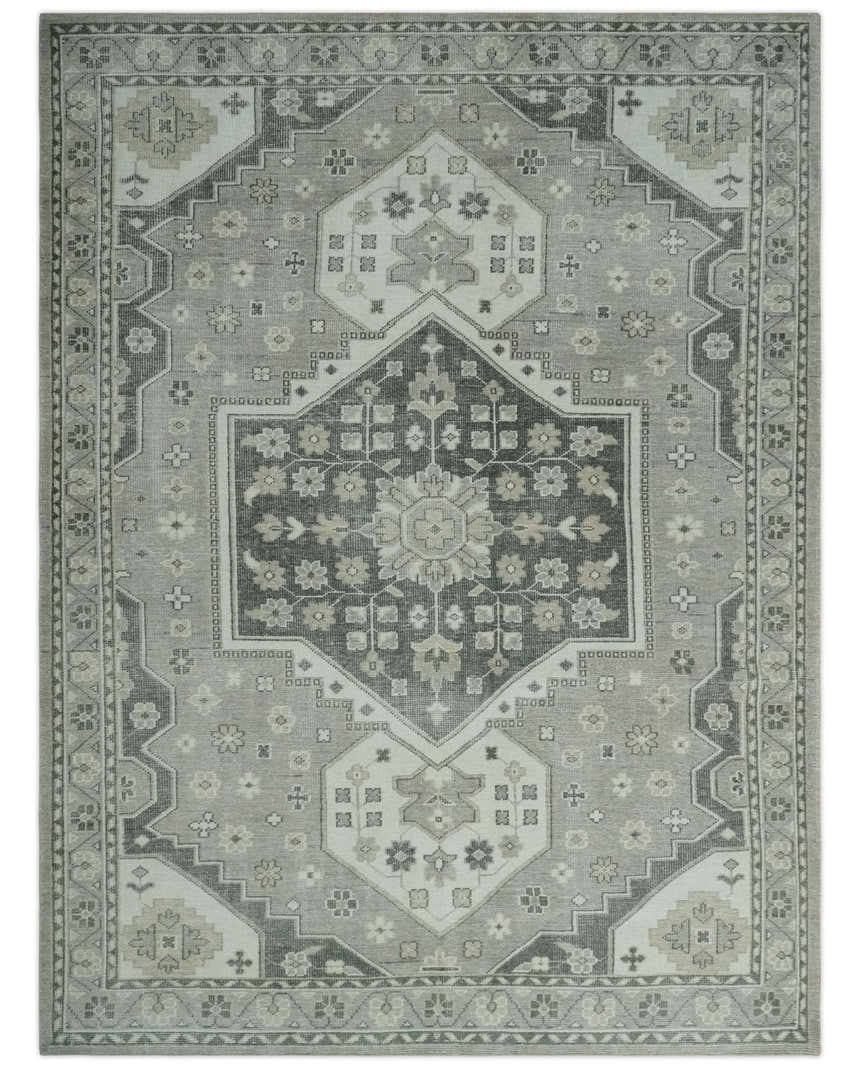 Custom Made Hand Knotted Silver, Charcoal and Ivory Traditional Medallion Wool Area Rug