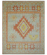 Custom Made Hand Knotted Silver, Peach and Mustard Southwestern wool area rug