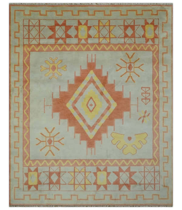Custom Made Hand Knotted Silver, Peach and Mustard Southwestern wool area rug
