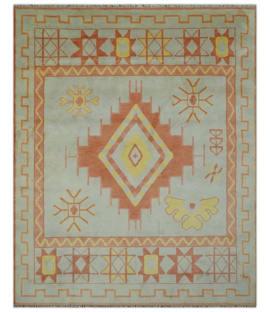 Custom Made Hand Knotted Silver, Peach and Mustard Southwestern wool area rug
