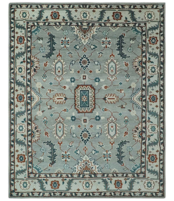 Custom Made Hand Knotted Silver, Teal, Ivory and Brown Traditional Oriental Oushak wool area Rug