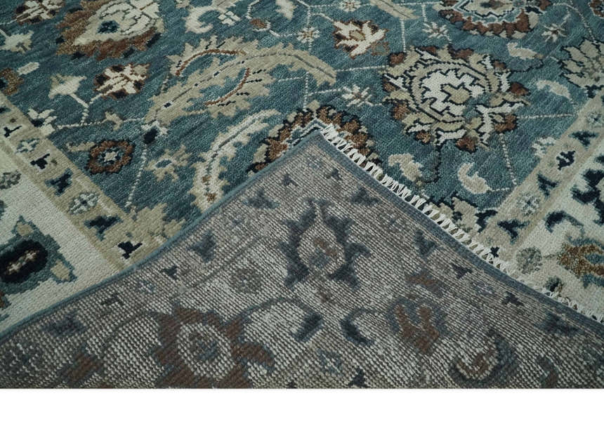 Custom Made Hand Knotted Teal and Ivory Traditional Antique Style Wool Area Rug