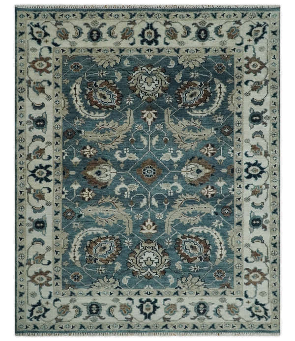 Custom Made Hand Knotted Teal and Ivory Traditional Antique Style Wool Area Rug
