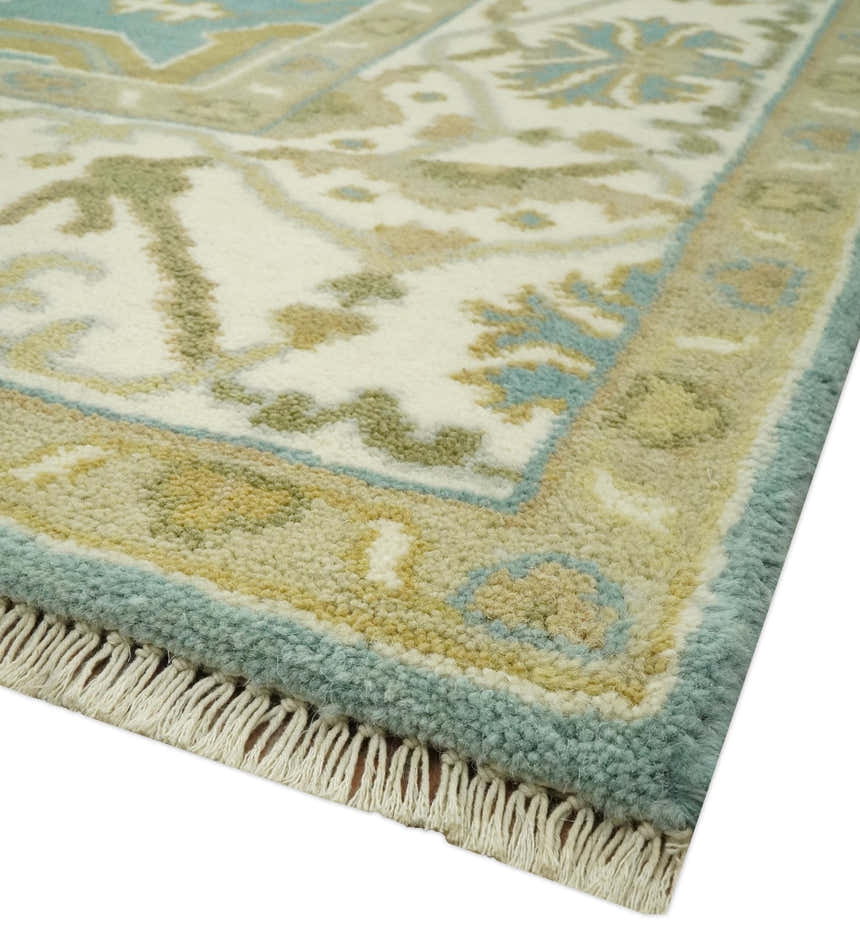 Custom Made Hand Knotted Teal, Ivory and Olive Oriental Oushak wool area rug