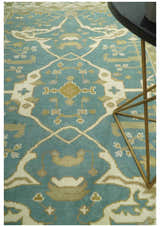 Custom Made Hand Knotted Teal, Ivory and Olive Oriental Oushak wool area rug