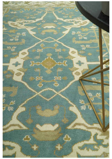 Custom Made Hand Knotted Teal, Ivory and Olive Oriental Oushak wool area rug