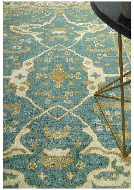 Custom Made Hand Knotted Teal, Ivory and Olive Oriental Oushak wool area rug