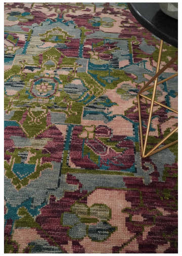 Custom Made Hand Knotted Transitional Green, Pink and Purple wool Area Rug