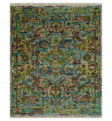 Custom Made Hand Knotted Transitional Green, Pink and Purple wool Area Rug