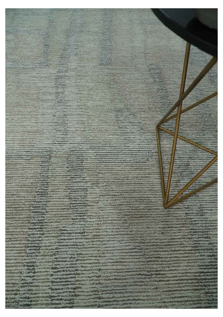 Custom Made Hand Tufted Ivory, Olive and Charcoal Modern Abstract Stripes Design Rug