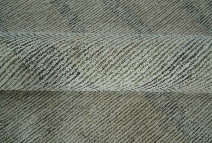 Custom Made Hand Tufted Ivory, Olive and Charcoal Modern Abstract Stripes Design Rug