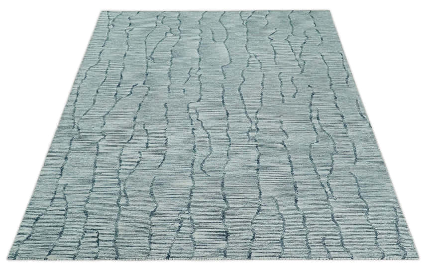 Custom Made Hand Tufted Multi Size Woolen Modern Ivory and Blue Area Rug