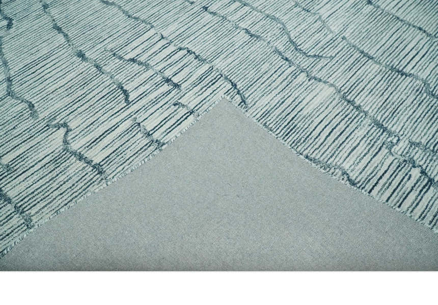 Custom Made Hand Tufted Multi Size Woolen Modern Ivory and Blue Area Rug