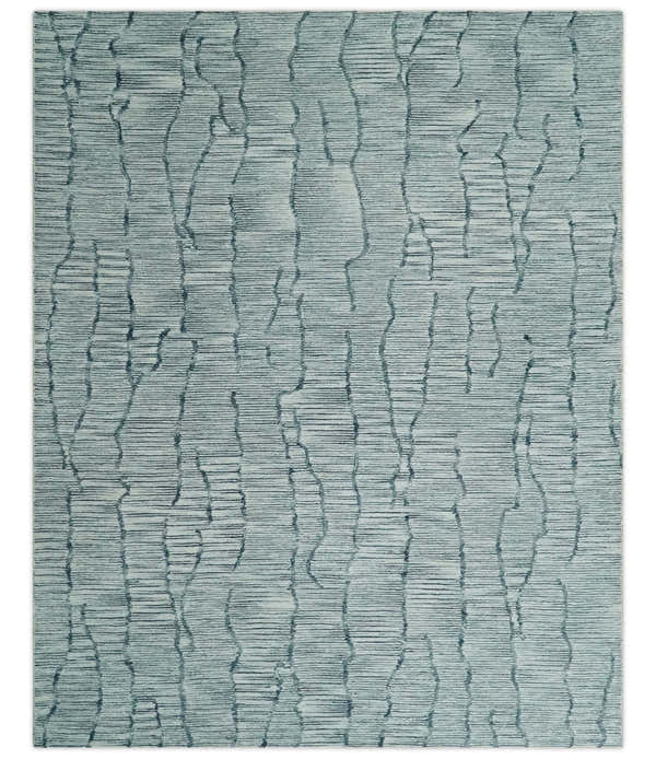 Custom Made Hand Tufted Multi Size Woolen Modern Ivory and Blue Area Rug