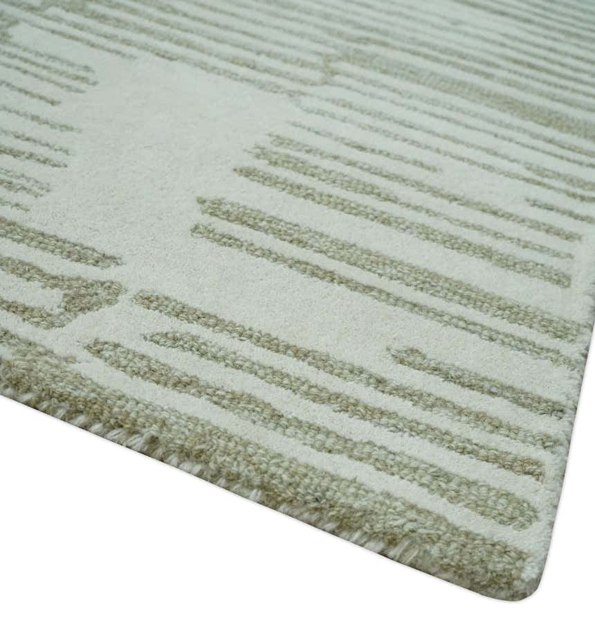 Custom Made Ivory and Olive Modern Design Hand Tufted Wool Rug
