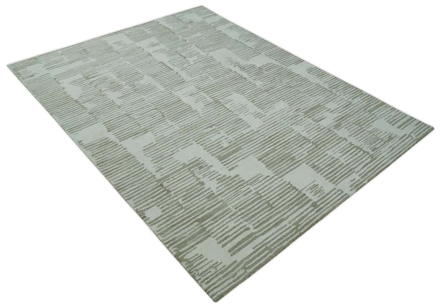 Custom Made Ivory and Olive Modern Design Hand Tufted Wool Rug