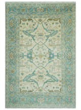 Custom Made Ivory and Teal Hand Knotted Traditional Oriental Oushak wool rug