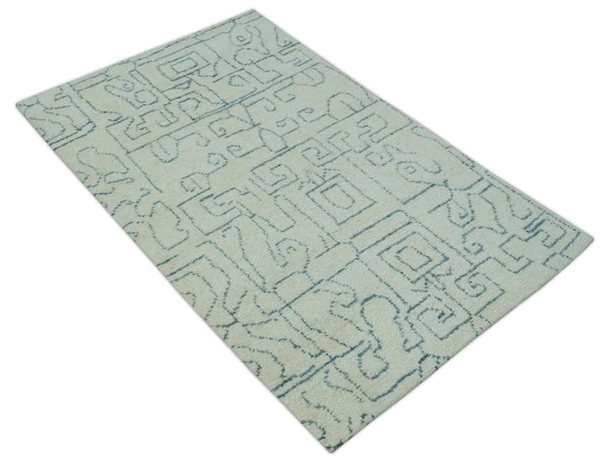 Custom Made Ivory, Beige and Gray Maze Design Hand knotted wool Area Rug