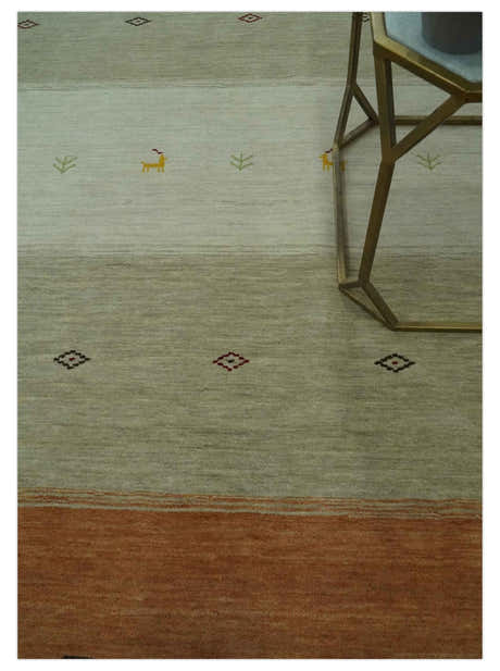 Custom Made Ivory, Beige and Rust Geometrical stripes Design Hand loom Wool Area Rug