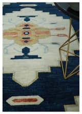 Custom Made Ivory, Blue, Beige and Rust Hand Knotted Traditional Heriz Wool Area Rug