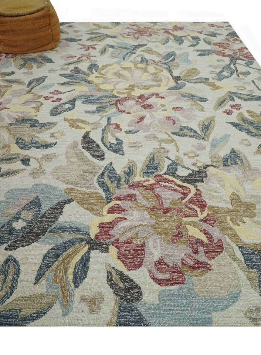 Custom Made Ivory, Charcoal and Olive Floral Design Colorful Hand Tufted wool rug
