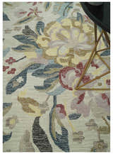 Custom Made Ivory, Charcoal and Olive Floral Design Colorful Hand Tufted wool rug