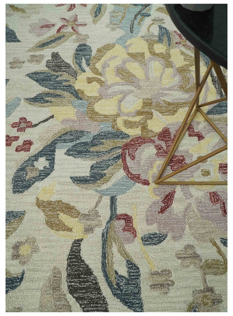 Custom Made Ivory, Charcoal and Olive Floral Design Colorful Hand Tufted wool rug