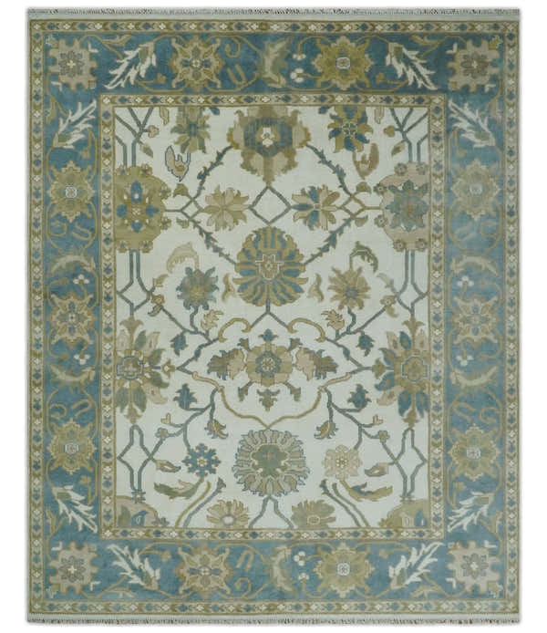 Custom Made Ivory, Gray and Beige Floral Hand Knotted Traditional Oushak Wool Rug