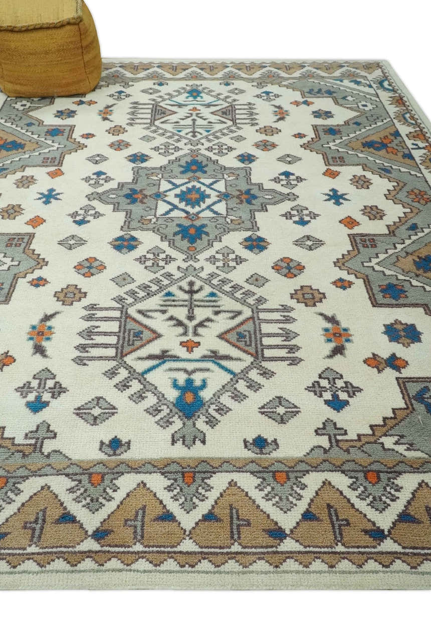 Custom Made Ivory, Gray and Camel Traditional Hand knotted Wool Area Rug