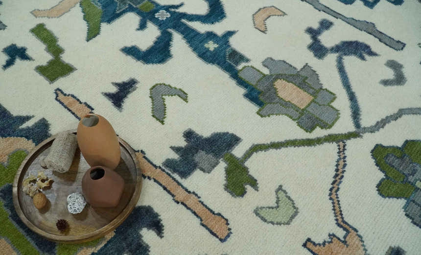 Custom Made Ivory, Gray and Green Hand knotted Traditional Oushak Wool Area Rug