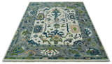 Custom Made Ivory, Gray and Green Hand knotted Traditional Oushak Wool Area Rug