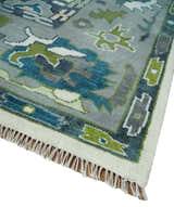 Custom Made Ivory, Gray and Green Hand knotted Traditional Oushak Wool Area Rug