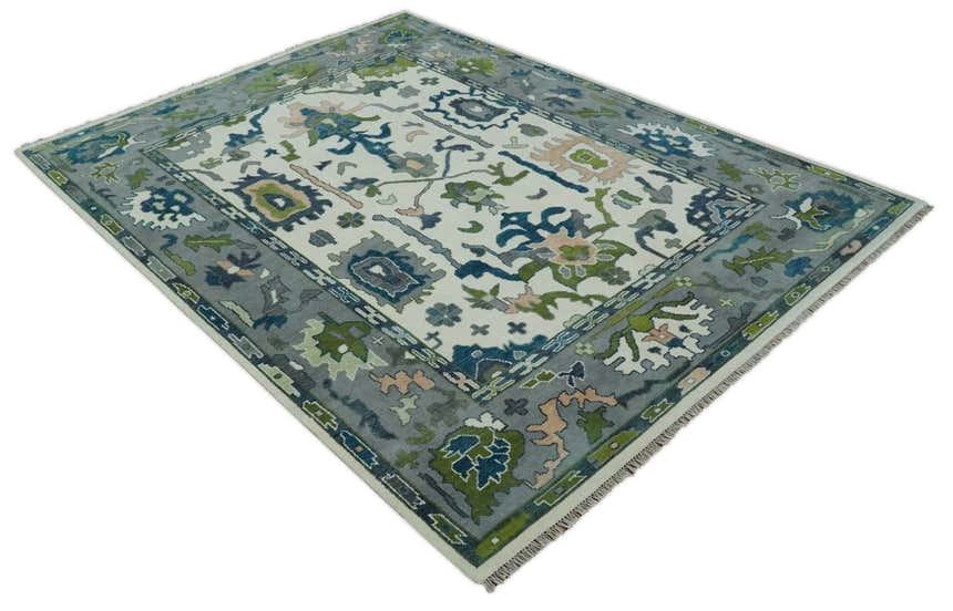 Custom Made Ivory, Gray and Green Hand knotted Traditional Oushak Wool Area Rug