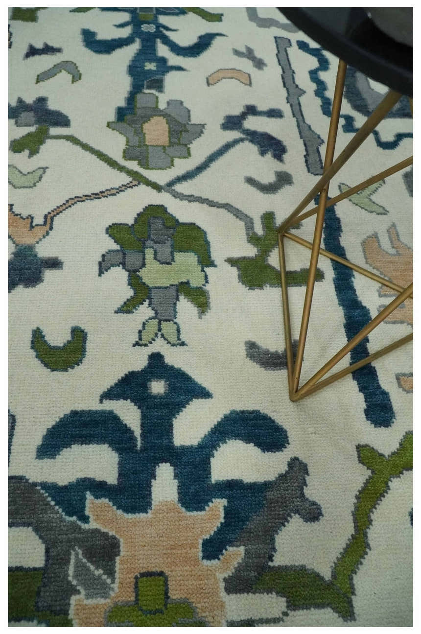 Custom Made Ivory, Gray and Green Hand knotted Traditional Oushak Wool Area Rug