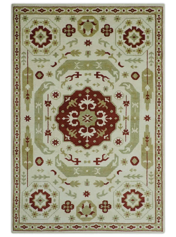 Custom Made Ivory, Olive and Maroon Traditional Medallion Mamluk Design wool Rug