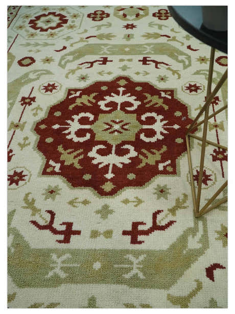 Custom Made Ivory, Olive and Maroon Traditional Medallion Mamluk Design wool Rug