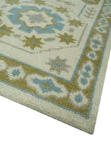 Custom Made Ivory, Olive and Teal Hand Knotted Traditional Medallion Mamluk Design wool Rug