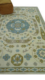 Custom Made Ivory, Olive and Teal Hand Knotted Traditional Medallion Mamluk Design wool Rug
