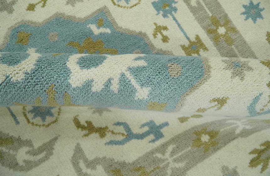 Custom Made Ivory, Olive and Teal Hand Knotted Traditional Medallion Mamluk Design wool Rug