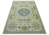 Custom Made Ivory, Olive and Teal Hand Knotted Traditional Medallion Mamluk Design wool Rug