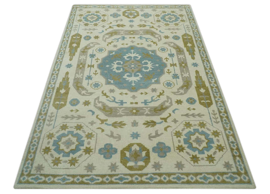 Custom Made Ivory, Olive and Teal Hand Knotted Traditional Medallion Mamluk Design wool Rug