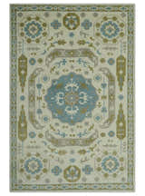 Custom Made Ivory, Olive and Teal Hand Knotted Traditional Medallion Mamluk Design wool Rug