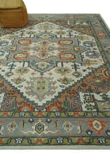 Custom Made Ivory, Silver, Peach and Olive Hand Knotted Traditional Heriz wool Area Rug