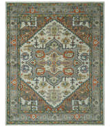 Custom Made Ivory, Silver, Peach and Olive Hand Knotted Traditional Heriz wool Area Rug