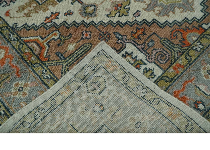 Custom Made Ivory, Silver, Peach and Olive Hand Knotted Traditional Heriz wool Area Rug