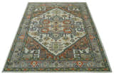 Custom Made Ivory, Silver, Peach and Olive Hand Knotted Traditional Heriz wool Area Rug