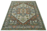 Custom Made Ivory, Silver, Peach and Olive Hand Knotted Traditional Heriz wool Area Rug