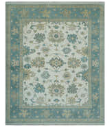 Custom Made Ivory, Teal and Beige Floral Hand Knotted Traditional Oushak Wool Area Rug