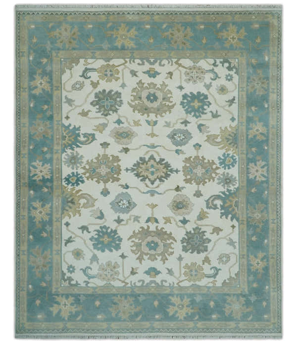 Custom Made Ivory, Teal and Beige Floral Hand Knotted Traditional Oushak Wool Area Rug