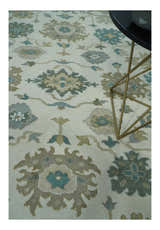 Custom Made Ivory, Teal and Beige Floral Hand Knotted Traditional Oushak Wool Area Rug